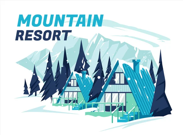 冬の雪の山の風景や空から降って雪のフレークとベクトルの背景に家 寒い冬のスキー場での宿泊施設 — ストックベクタ