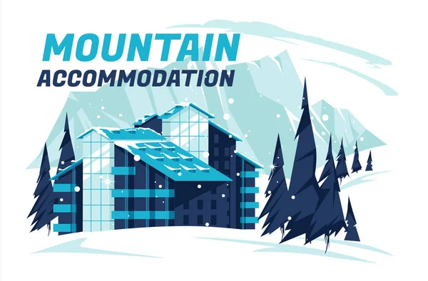フラットデザインのスキーホテルとアルプスの山の風景とスキーリゾート 雪の斜面 休日のヴィラで山の中で冬の休日 — ストックベクタ