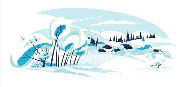 雪原と針葉樹の間の教会と空の冬の村 地平線のシーン 平面ベクトル図 — ストックベクタ