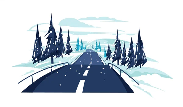 雪道やモミの木がある丘の間の空の田舎のシーン 冬の道またはフラットベクトルイラスト — ストックベクタ