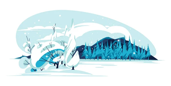 山の湖の島の木々と空の水平冬の雪のシーン 平面ベクトル図 — ストックベクタ