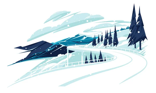 冬の山の中で自動車道路 高速道路の平らなベクトルの風景セメントバリアとの陸橋のイラスト — ストックベクタ