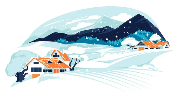 Зимние Дома Среди Снежных Полей Пустая Сцена Горами Хвойными Деревьями — стоковый вектор