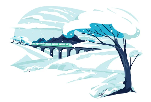 雪の丘の間の鉄道橋 水平方向の空のシーン 平面ベクトル図 — ストックベクタ