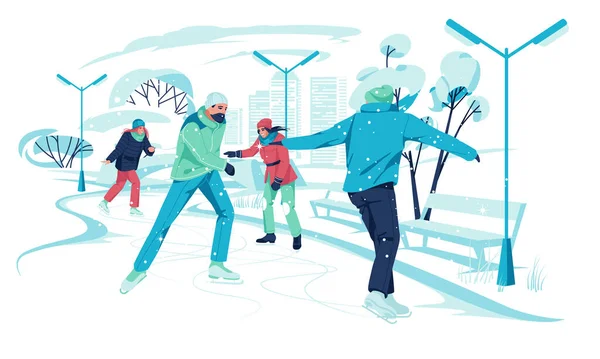 Kilka Osób Jeździ Łyżwach Zimowym Parku Miejskim Zimowa Zabawa Płaski — Wektor stockowy