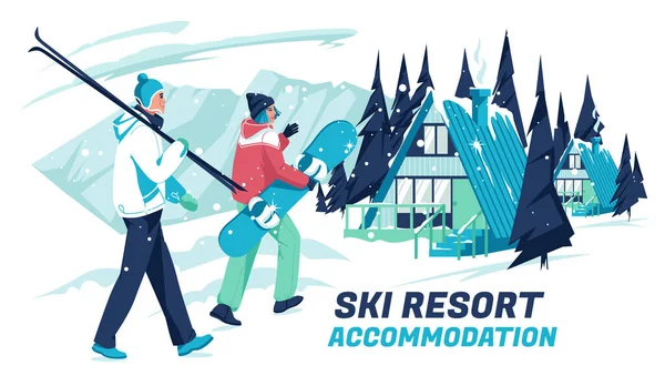 Dva Snowboardisté Muž Žena Kráčejí Dřevěným Chalupám Pozadí Zimní Krajiny — Stockový vektor
