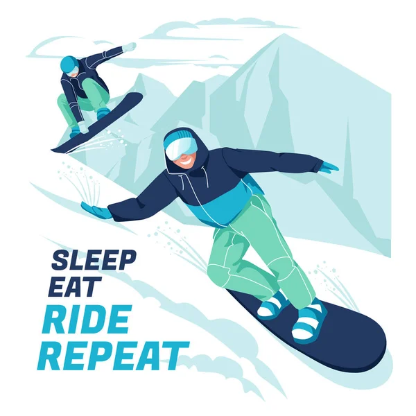 Affiche Met Snowboarders Achtergrond Van Een Berglandschap Extreme Sporten Actieve — Stockvector