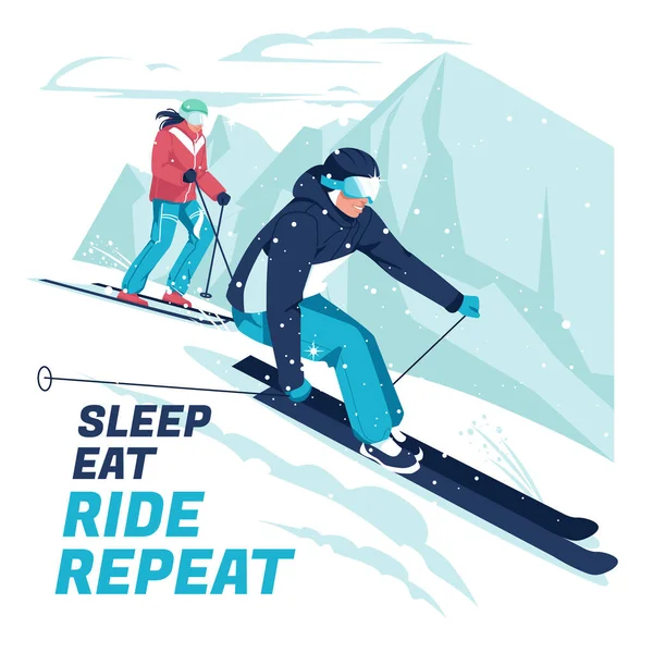 Poster Skiers Mountain Winter Landscape Extreme Sports Active Lifestyle Flat — Stock Vector
