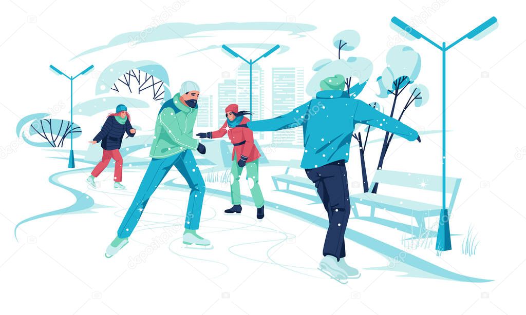 Several people go ice skating in a winter city park. Winter fun. flat vector illustration
