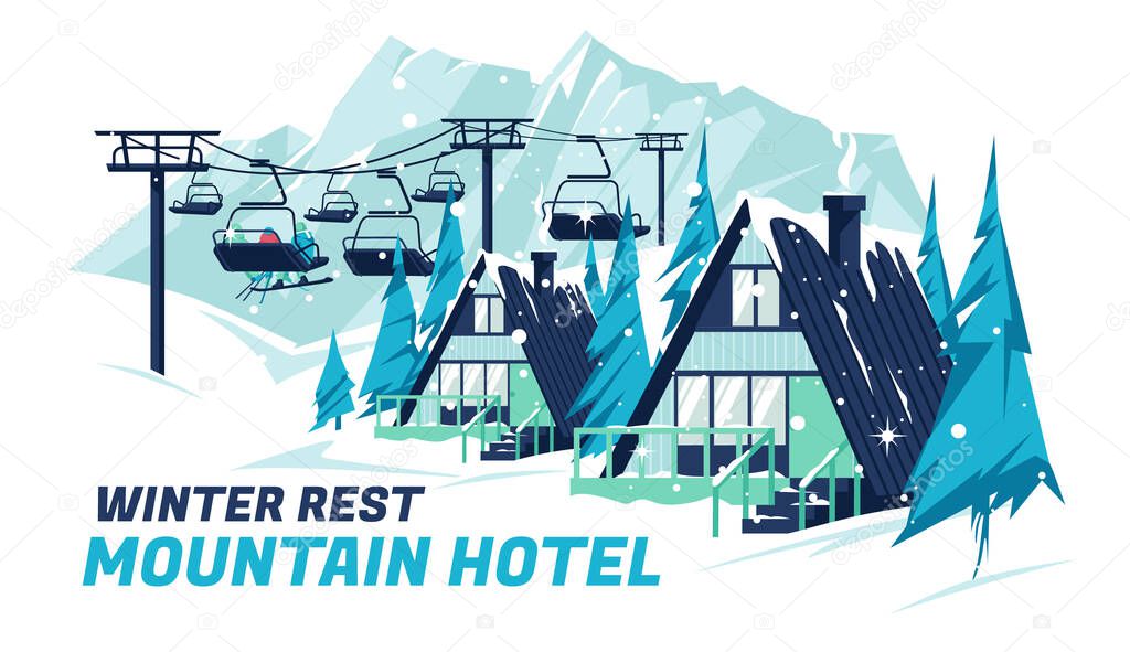 Wooden chalet houses on the background of the mountain lift. Hotel for winter sports. Mountain landscape. Flat vector illustration.