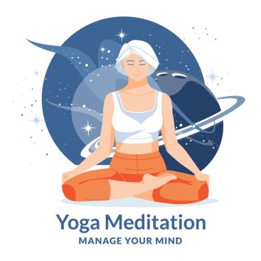Lotus pozu veren genç bir kadın. Meditasyon, konsantrasyon ve zihin kontrolü. Uzay yıldızları ve gezegenlerin arka planı. Herkes için yoga. Sağlıklı bir yaşam tarzı. Yuvarlak kompozisyonda izole edilmiş. Düz vektör illüstrasyonu
