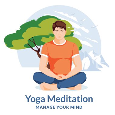 Lotus pozisyonunda genç bir adam. Meditasyon, konsantrasyon ve zihin kontrolü. Büyük ağaç ve dağları olan doğa manzarası. Herkes için yoga. Sağlıklı bir yaşam tarzı. Yuvarlak kompozisyonda izole edilmiş. Düz vektör illüstrasyonu