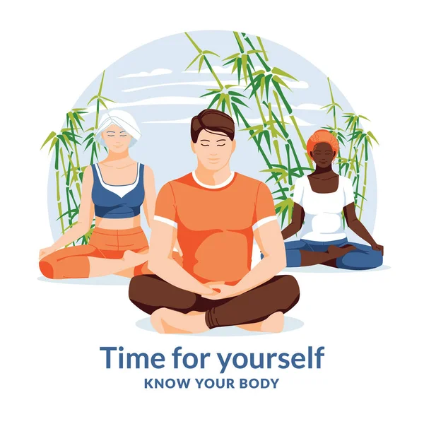 Verschillende Mensen Lotushoudingen Meditatie Concentratie Mindcontrol Bamboe Bos Achtergrond Yoga — Stockvector