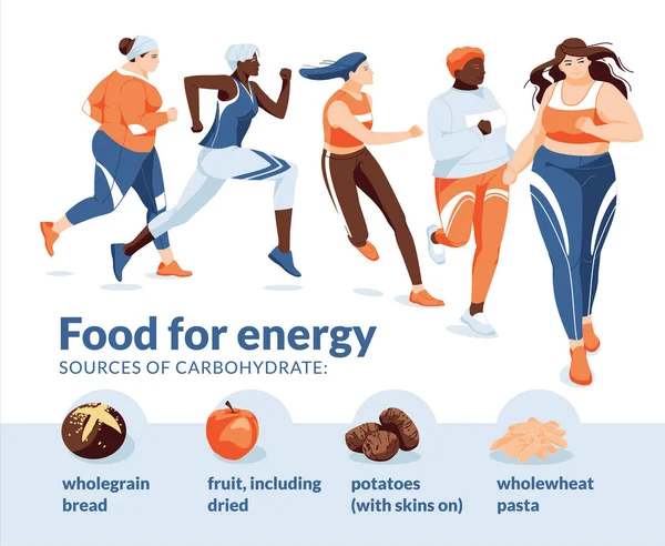 운동을 에너지를 음식을 먹습니다 그래픽 달리는 여성들의 다이어트용 아이콘 일러스트 — 스톡 벡터