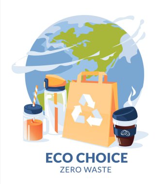 Sıfır atık nesne konsepti: Kese kağıdı, sebze, kavanoz, kahve fincanı, su şişesi. Büyük Dünya gezegeninin arka planında. Plastik yok. Düz vektör illüstrasyonu