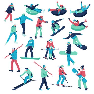 Snowboard ve kayak yapmak için kışlık kıyafetler giyen büyük bir grup karakter. Erkekler ve kadınlar snowboard, tüp ve buz pateni. Kış sporları. Düz vektör çizimi beyaz arkaplanda izole edildi.