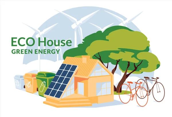 Casa Eco Com Painéis Solares Bicicletas Triagem Conceito Energia Verde — Vetor de Stock