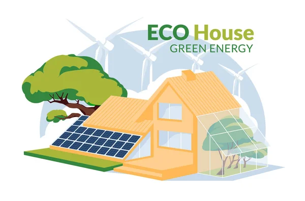 Casa Eco Com Painéis Solares Turbinas Moinho Vento Conceito Casa — Vetor de Stock
