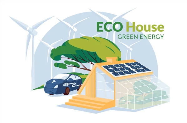 Casa Ecológica Com Painéis Solares Carro Elétrico Conceito Energia Verde — Vetor de Stock