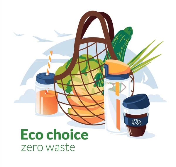 sıfır atık nesne konsepti: eko çanta, sebze, kavanoz, kahve fincanı, su şişesi. Kuşların arka planında, gökyüzünde. Plastik yok. Düz vektör illüstrasyonu