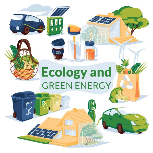 Energia Verde Conceito Reciclagem Carros Elétricos Posto Gasolina Eco Sacos — Vetor de Stock