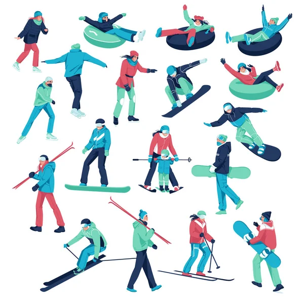 Ένα Μεγάλο Σύνολο Διαφορετικών Χαρακτήρων Ντυμένοι Χειμωνιάτικα Ρούχα Για Snowboarding — Διανυσματικό Αρχείο