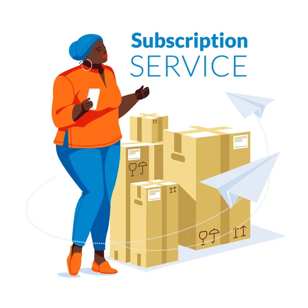 Metaphor Subscription Delivery Service Happy Black Woman Standing Smartphone Her — Stock Vector