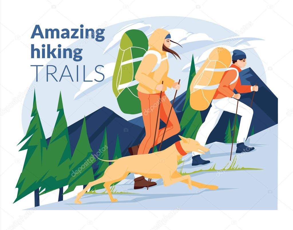 Hiking poster. A couple of young people with a dog climb a mountain with backpacks against the backdrop of a mountain landscape with a coniferous forest. flat vector illustration