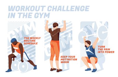 Spor salonunun ve antrenmanların reklamını yapmak için 3 pankart. Farklı ırktan erkekler soyut bir arka planda fitness yaparlar. Sunumlar, baskılar, web reklam pankartları için tasarım.