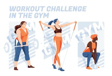 Spor salonunun ve antrenmanların reklamını yapmak için 3 pankart. Farklı ırktan ve bedenden kadınlar soyut bir arka planda fitness yapıyorlar. Sunumlar, baskılar, web reklam pankartları için tasarım.