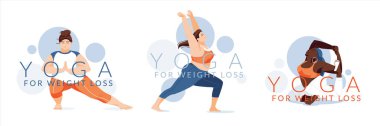 Yoga okulu, stüdyo afişleri. Kilo vermek için yoga. Düz tasarım konsepti. Farklı ırktan ve vücuttan kadınlar yoga yapar, yoga pozları verir. Vektör illüstrasyonu