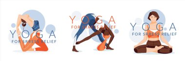 Yoga okulu, stüdyo afişleri. Stres atmak için yoga. Düz tasarım konsepti. Farklı ırktan kadınlar yoga yapar, yoga pozları verir. Vektör illüstrasyonu