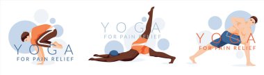 Yoga okulu, stüdyo afişleri. Ağrı kesici için yoga. Düz tasarım konsepti. Farklı ırktan erkekler yoga yapar, yoga pozları verir. Vektör illüstrasyonu