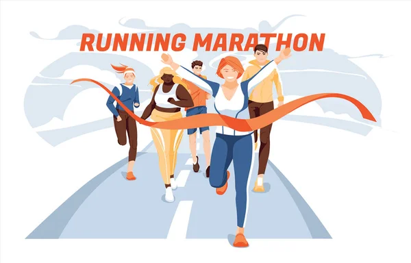 Différents Personnages Courent Pour Terminer Distance Marathon Concept Mode Vie — Image vectorielle