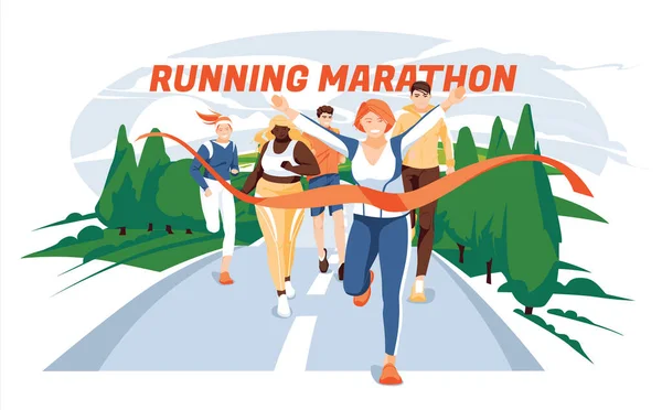 Différents Personnages Courent Pour Terminer Distance Marathon Été Printemps Champs — Image vectorielle