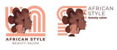 Güzellik salonu logosu ve kimliği. Siyahi kadınların yüzlerinin düz vektör çizimi. Avatarlar, güzellik salonları, Afrikalı Amerikalı kadınların geleneksel kıvırcık saç stilleri için harika.. 