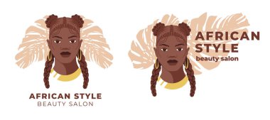 Güzellik salonu logosu ve kimliği. Siyahi kadınların yüzlerinin düz vektör çizimi. Avatarlar, güzellik salonları, Afrikalı Amerikalı kadınların geleneksel kıvırcık saç stilleri için harika.. 