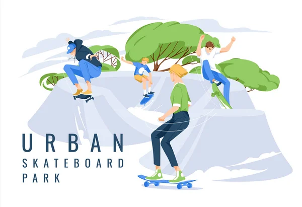 Cuatro Skateboarders Realizan Trucos Parque Urbano Para Skateboarders Deportes Extremos — Vector de stock