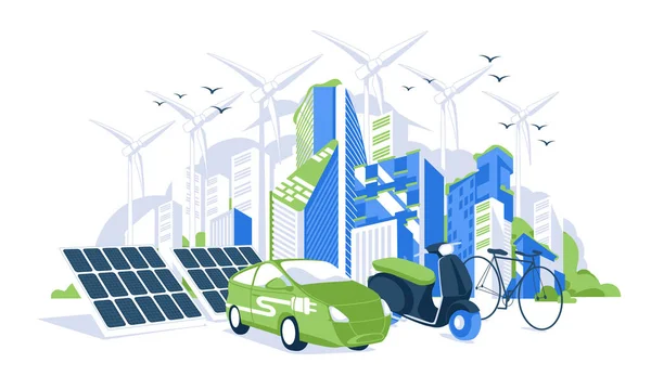 Conceito Energia Renovável Cidade Verde Cityscape Com Painéis Solares Carro — Vetor de Stock