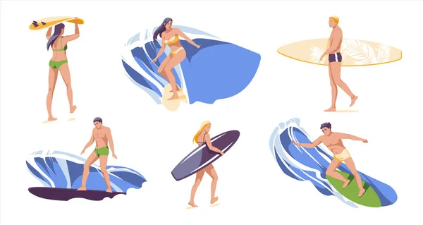 Šťastní Surfaři Surfaři Cartoon Lidé Surfování Chůzi Deskami Izolované Ploché — Stockový vektor