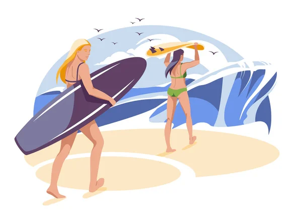 Летний Серфинг Две Молодые Женщины Выходят Пляж Досками Серфинга Фоне — стоковый вектор