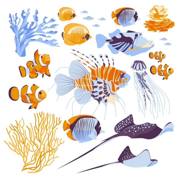 Lionfish Jellyfish Coral Fish Stingrays Corals Clownfish Set Collection Tropical — ストックベクタ