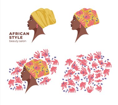 Üzerinde parmak izi olan bir mendilin içinde koyu tenli Afro-Amerikan. Portre, güzellik salonlarının logosu. Geleneksel Afrika etnik tarzı