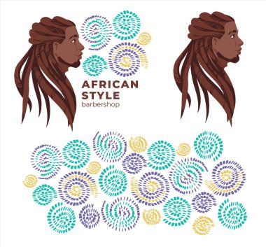 Güzellik salonu logosu ve kimliği. Siyah adamın yüzünün düz vektör çizimi. Geleneksel kıvırcık saçlı Afro-Amerikan erkekleri. 