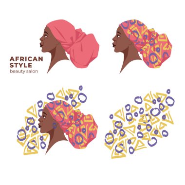 Üzerinde parmak izi olan bir mendilin içinde koyu tenli Afro-Amerikan. Portre, güzellik salonlarının logosu. Geleneksel Afrika etnik tarzı