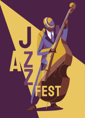Caz festivali, broşür ya da poster parti tasarımı şablonu. Mor arka planda, bas gitarist eşliğinde. Düz vektör illüstrasyonu