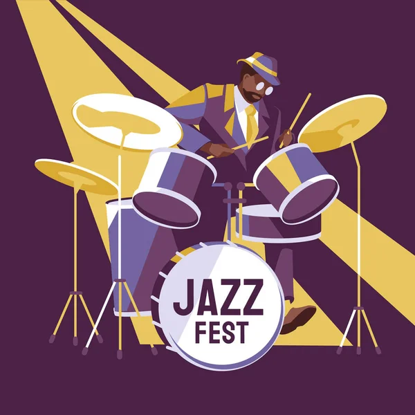 Jazz Drummer Flat Vector Illustration Poster Flyer Design Concert Festival — Vettoriale Stock