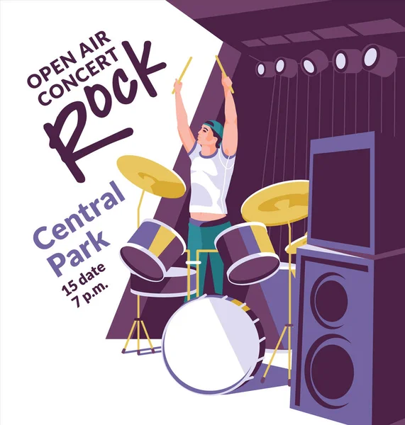 Drummer Rock Genre Stage Flyer Poster Design Concert Festival Flat — Vector de stock
