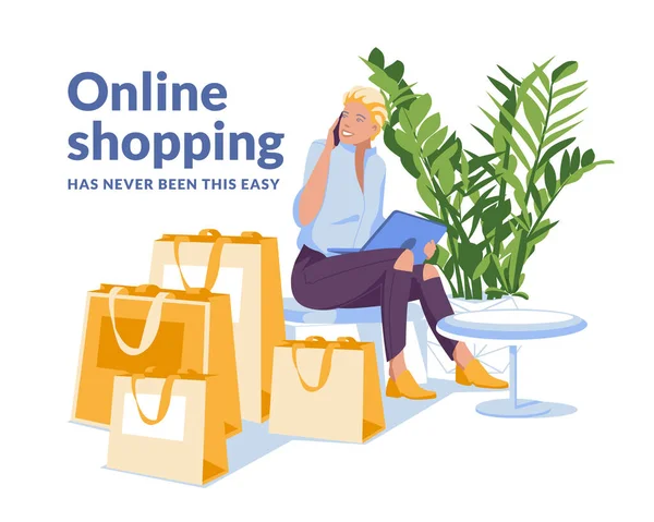 Young Woman Shopping Online Home Using Laptop Sitting Paper Shopping — Stock Vector