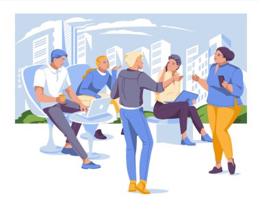 İş ekibi konuşma konsepti üzerinde çalışıyor. Şehrin gökdelenleri geniş bir pencerede. Düz vektör illüstrasyonu